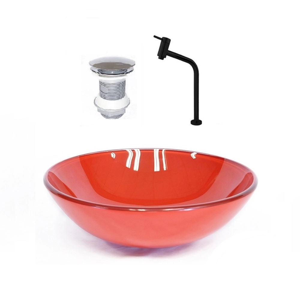 Cuba De Vidro Redonda 31cm Vermelho Ferrari + Valvula + Torneira Preta