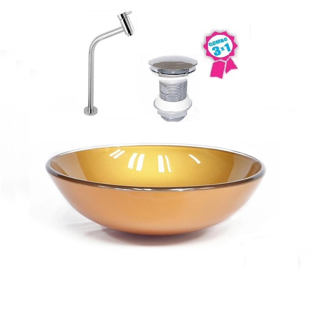 Cuba De Vidro Redonda 35cm Dourado Real + Válvula Click + Torneira De Metal
