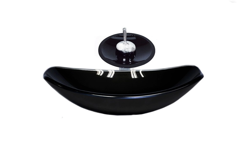 Cuba De Vidro Oval Chanfrada 46cm Preta + Valvula + Torneira Cascata