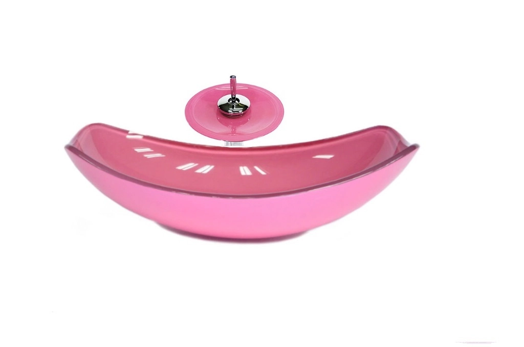 Cuba De Vidro Oval Chanfrada 46cm Rosa + Valvula + Torneira Cascata