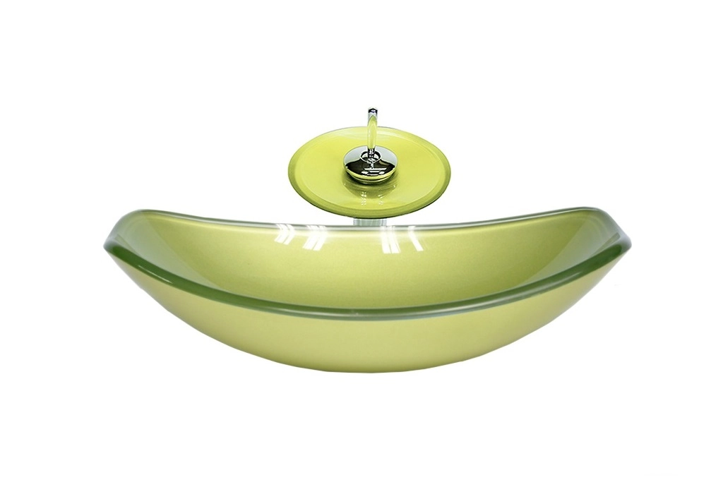 Cuba De Vidro Oval Chanfrada 46cm Verde Oliva + Valvula + Torneira Cascata