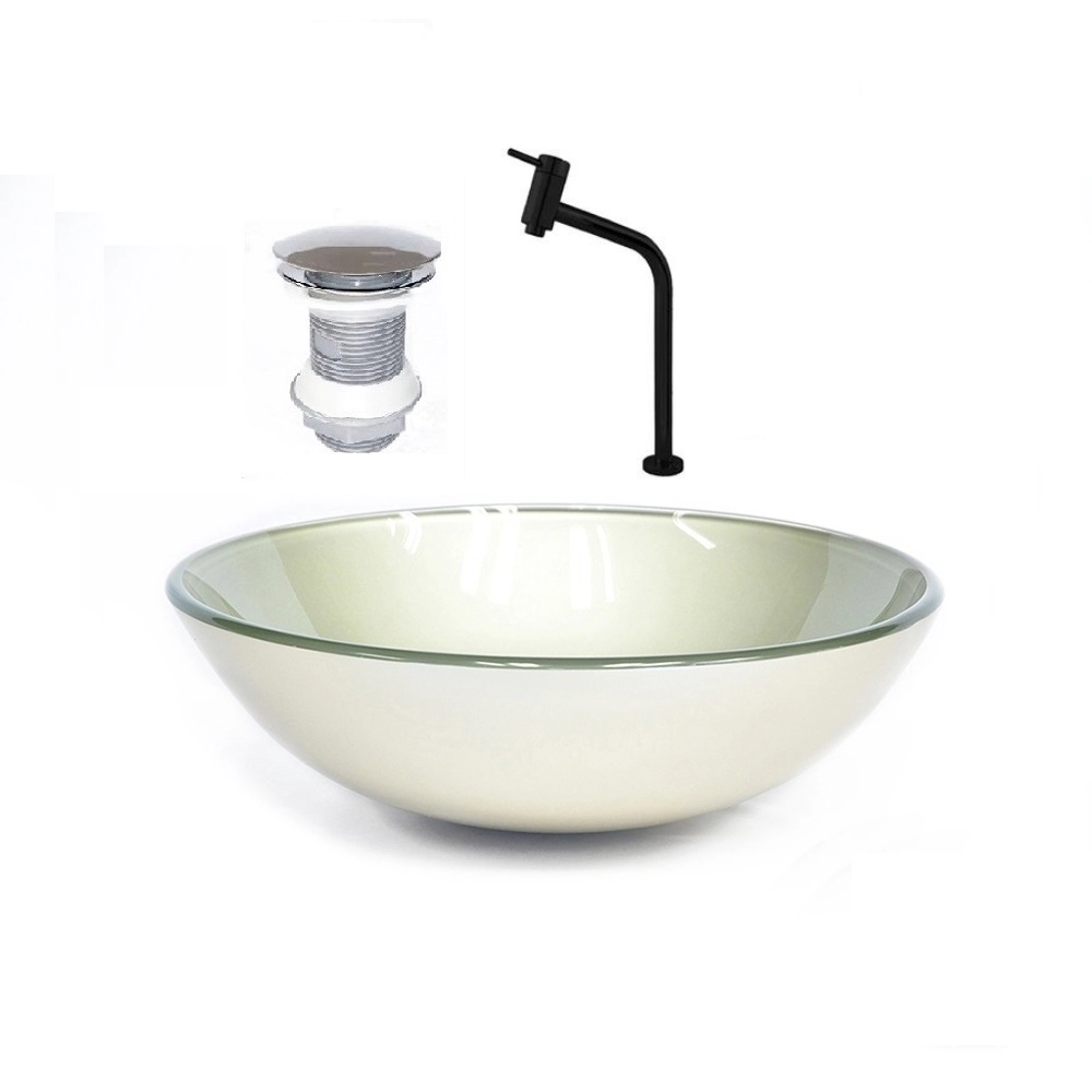 Cuba De Vidro Redonda 35cm Champanhe + Valvula + Torneira Preta