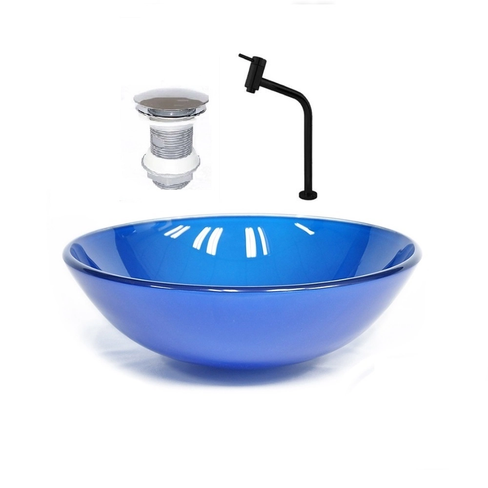 Cuba De Vidro Redonda 31cm Azul Escuro + Valvula + Torneira Preta