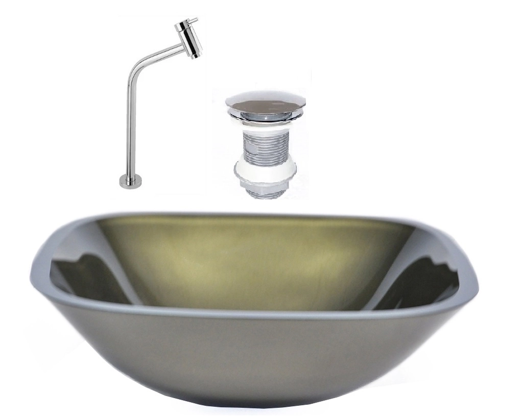 Cuba De Vidro Quadrada 35cm Ouro Envelhecido + Valvula + Torneira Metal