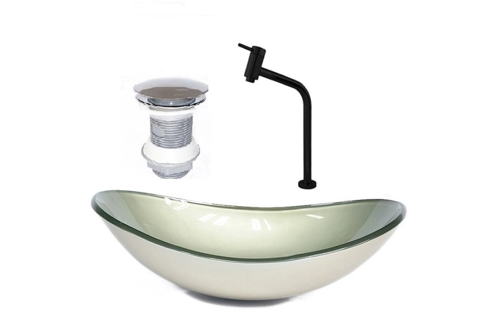 Cuba De Vidro Oval 55cm Champanhe + Valvula + Torneira Preta