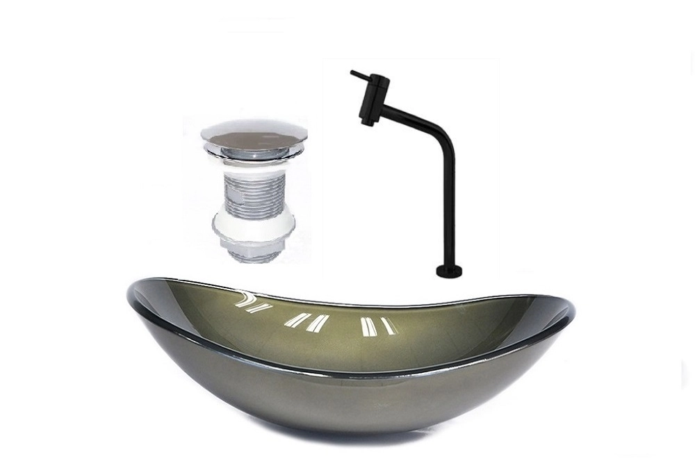 Cuba De Vidro Oval 55cm  Ouro Envelhecido + Valvula + Torneira Preta