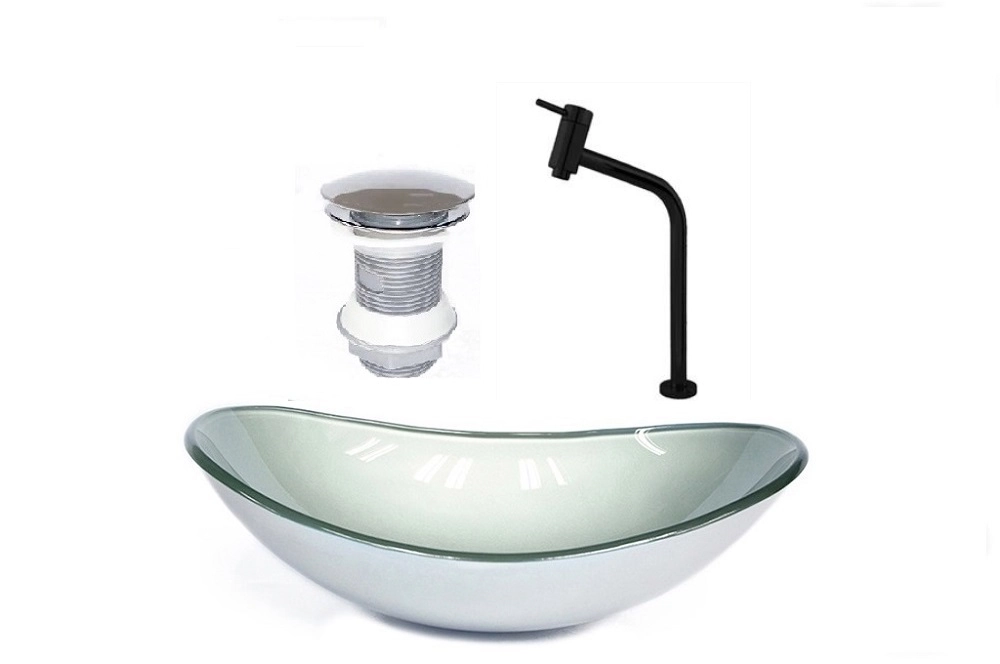 Cuba De Vidro Oval 55cm  Prata + Valvula + Torneira Preta