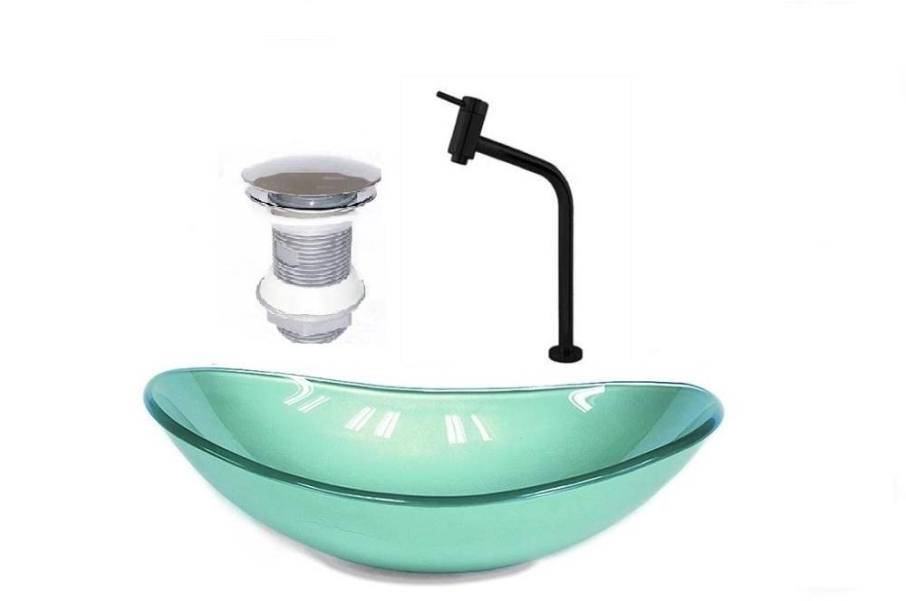 Cuba De Vidro Oval 55cm Verde + Valvula + Torneira Preta