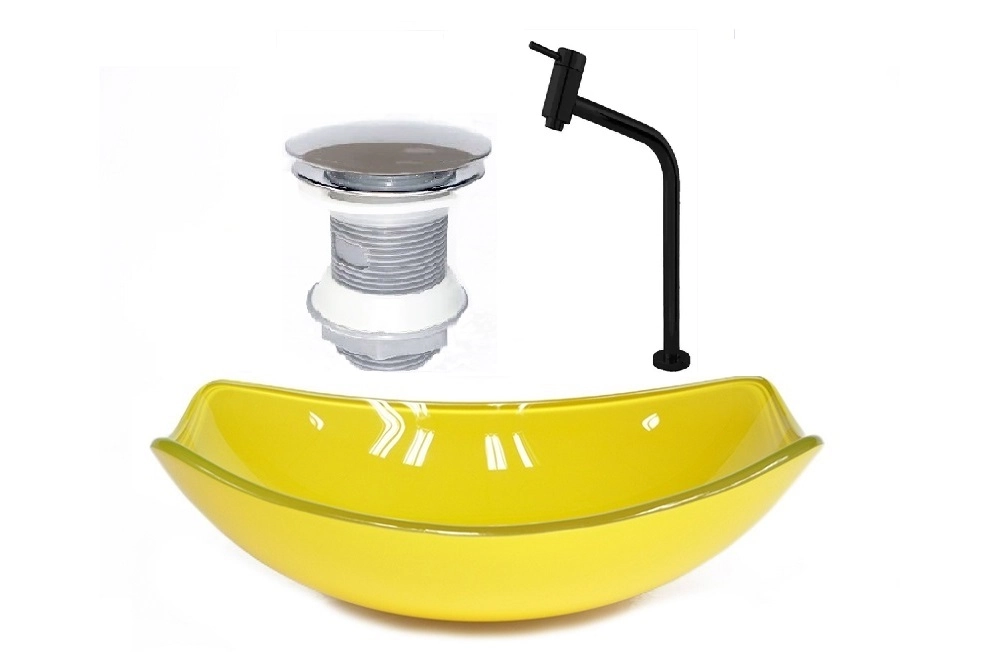 Cuba De Vidro Oval Chanfrada 51cm Amarela + Valvula + Torneira Preta