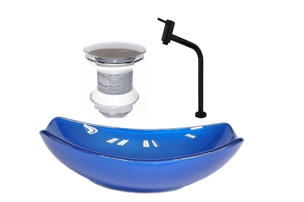 Cuba De Vidro Oval Chanfrada 51cm Azul Escuro + Valvula + Torneira Preta