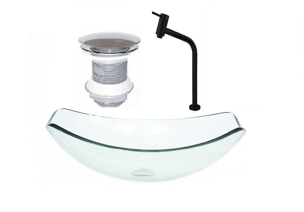 Cuba De Vidro Oval Chanfrada 51cm Jateado + Valvula + Torneira Preta