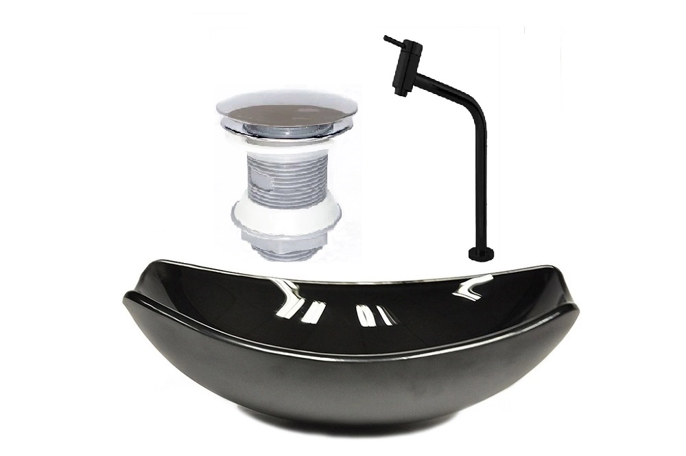 Cuba De Vidro Oval Chanfrada 51cm Preta + Valvula + Torneira Preta