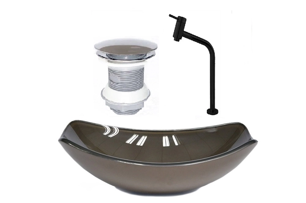 Cuba De Vidro Oval Chanfrada 51cm Marrom + Valvula + Torneira Preta