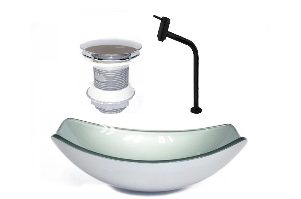 Cuba De Vidro Oval Chanfrada 51cm Prata + Valvula + Torneira Preta