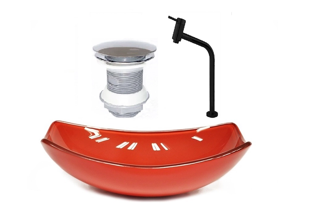 Cuba De Vidro Oval Chanfrada 51cm Vermelho Ferrari + Valvula + Torneira Preta