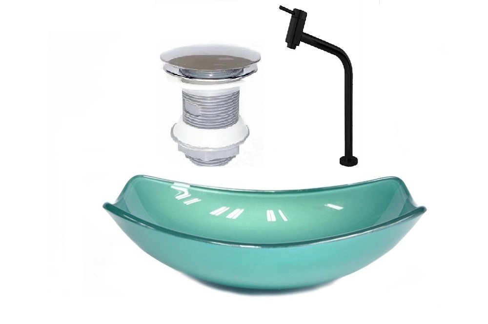 Cuba De Vidro Oval Chanfrada 51cm Verde + Valvula + Torneira Preta