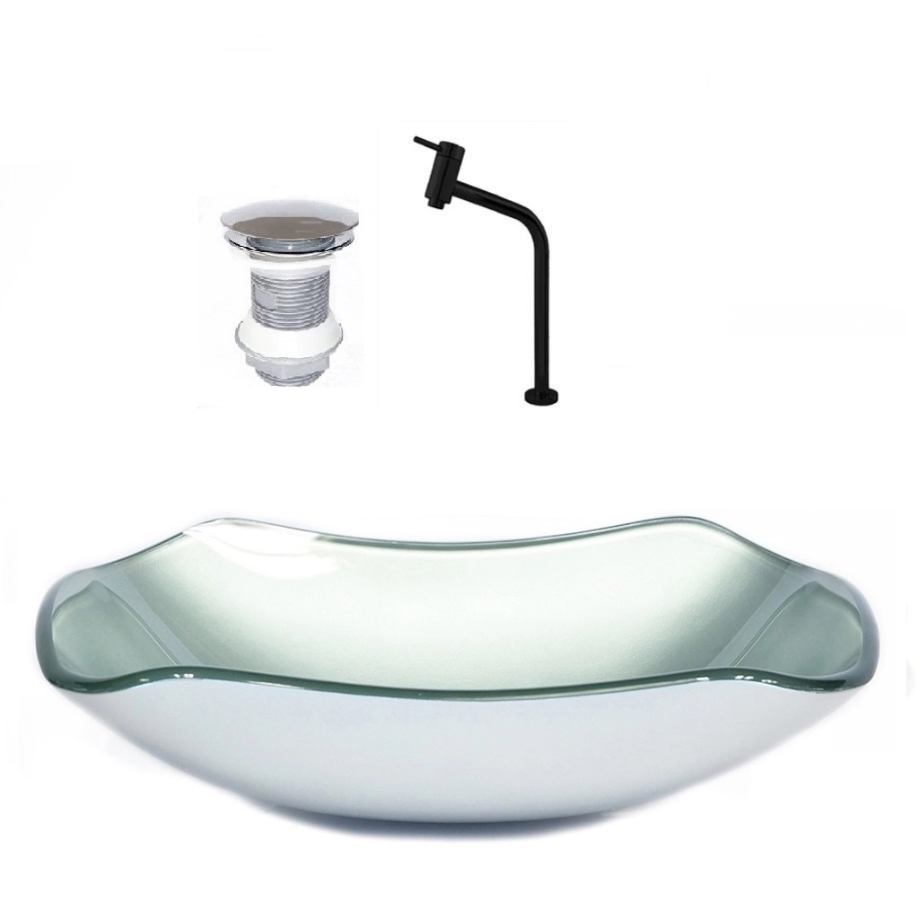 Cuba De Vidro Abaulada 51cm Prata + Valvula + Torneira Preta