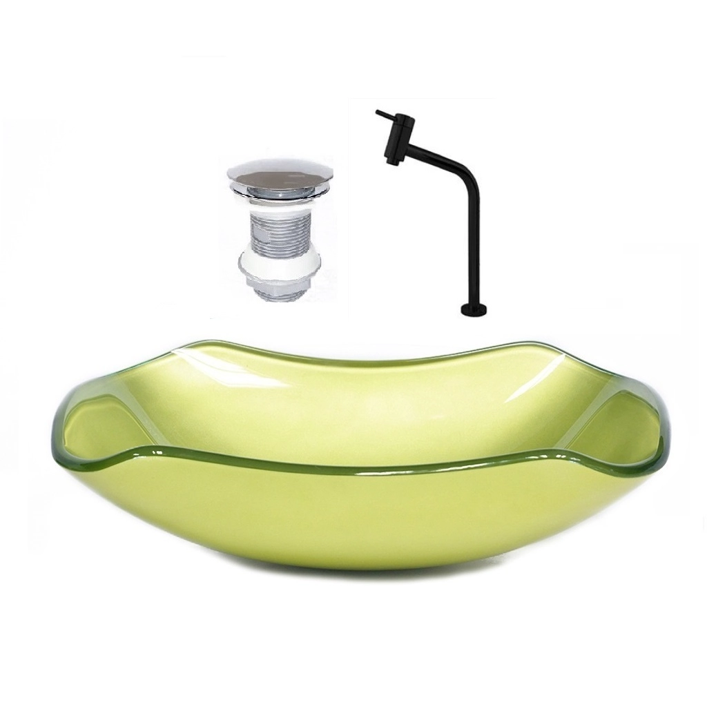 Cuba De Vidro Abaulada 51cm Verde Oliva + Valvula + Torneira Preta