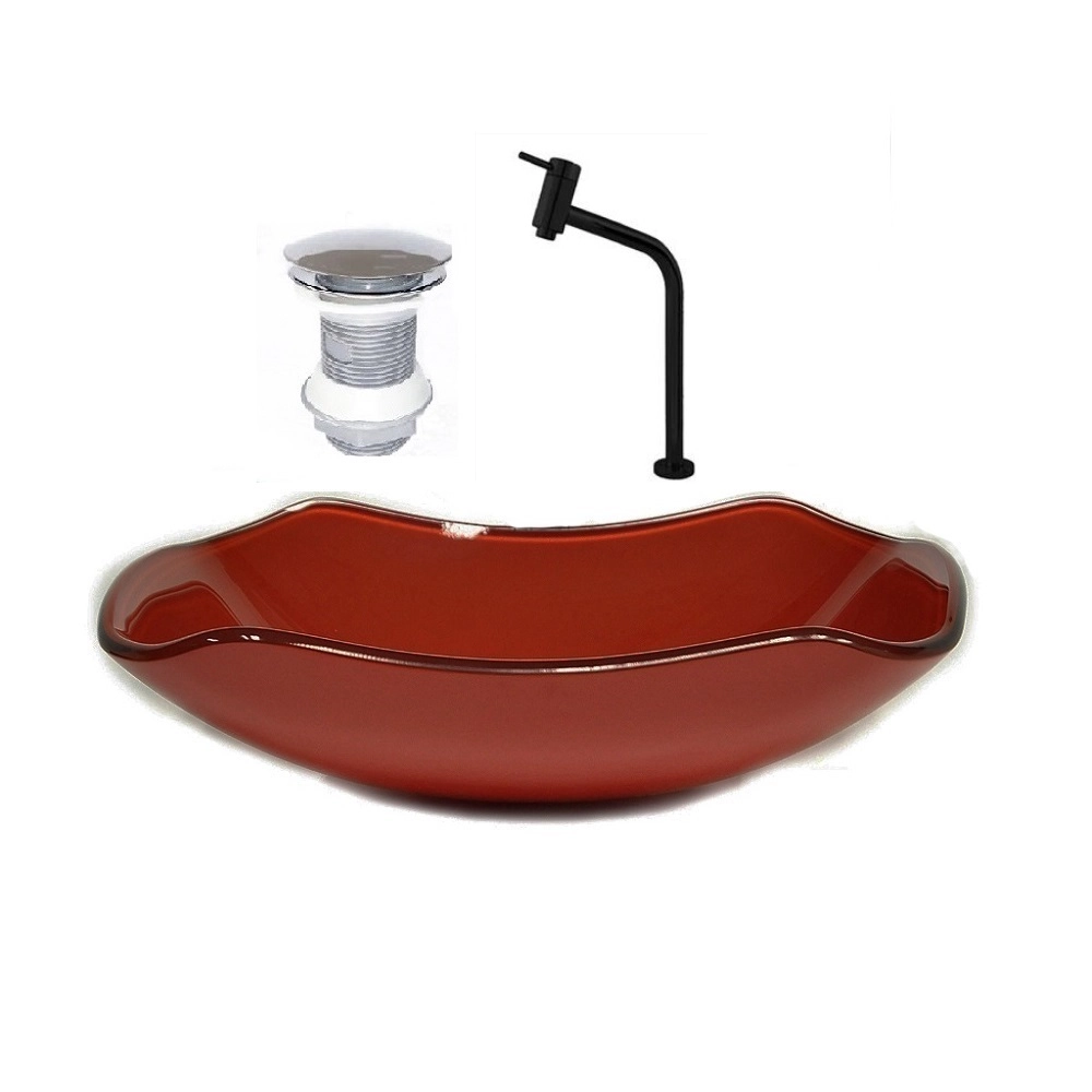 Cuba De Vidro Abaulada 51cm Vermelho Cereja + Valvula + Torneira Preta