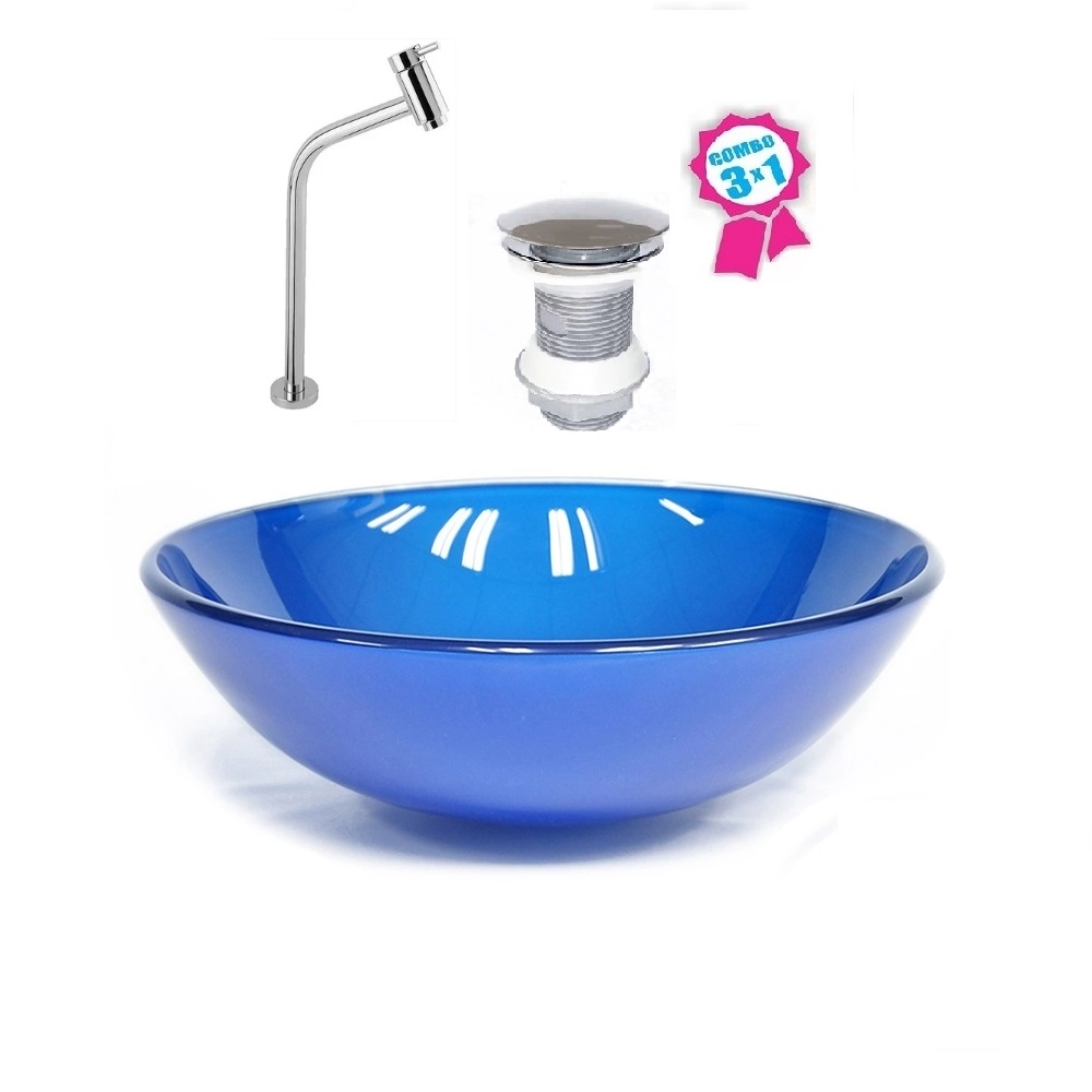 Cuba De Vidro Redonda 31cm Azul Escuro + Válvula Click + Torneira De Metal