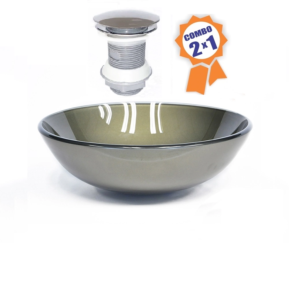 Cuba De Vidro Redonda 31cm Ouro Envelhecido + Válvula Click