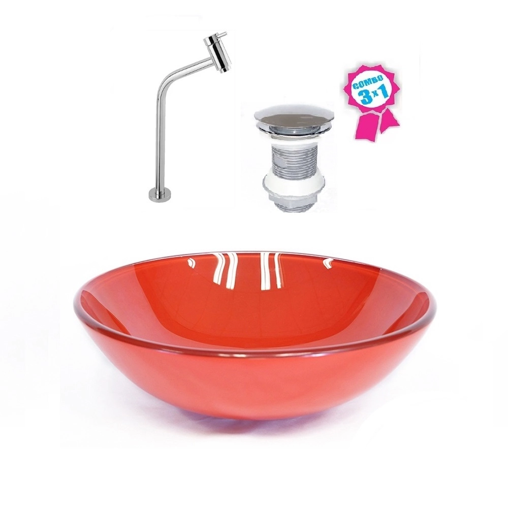 Cuba De Vidro Redonda 35cm Vermelho Ferrari + Válvula Click + Torneira De Metal