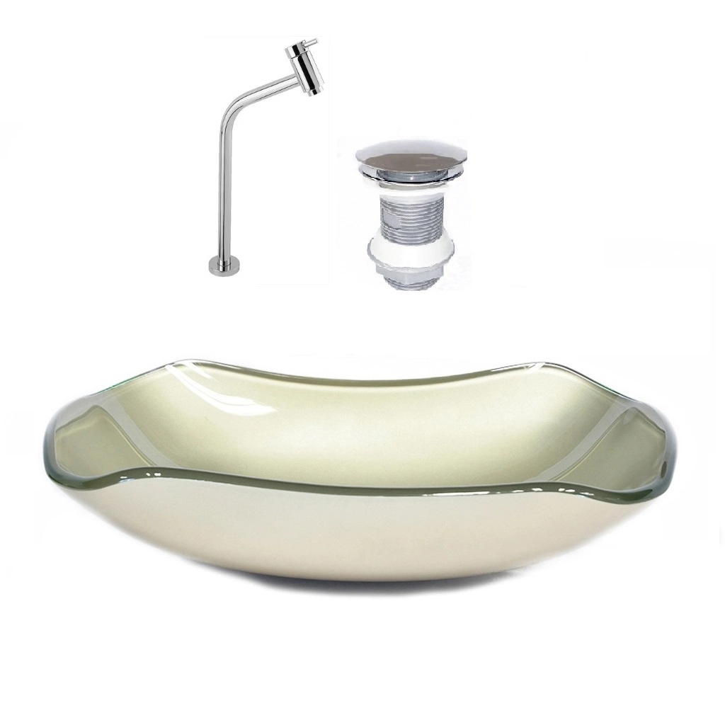 Cuba De Vidro Abaulada 45cm Champanhe + Valvula + Torneira