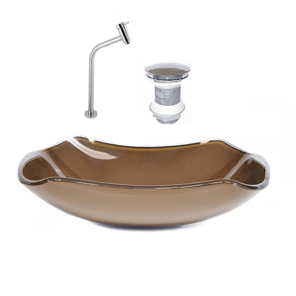 Cuba De Vidro Abaulada 45cm Marrom + Valvula + Torneira