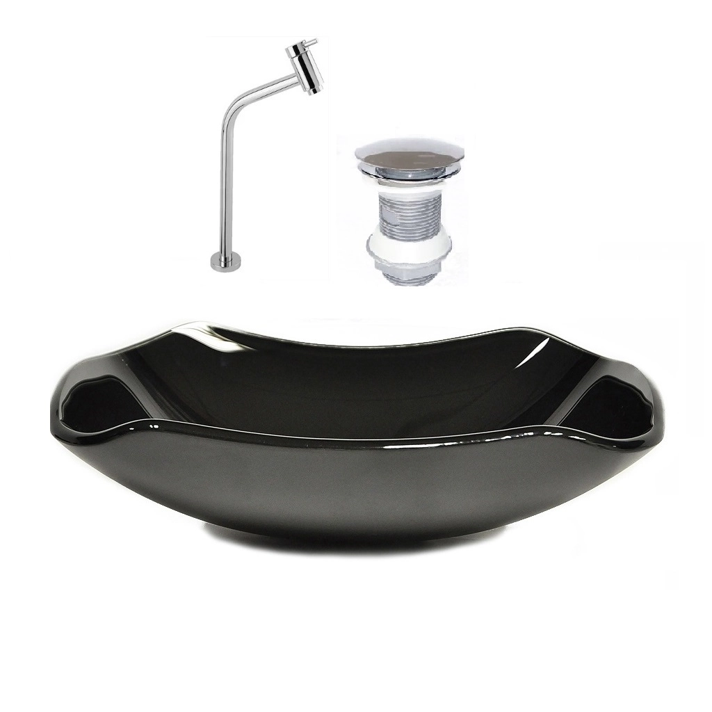 Cuba De Vidro Abaulada 45cm Preto + Valvula + Torneira