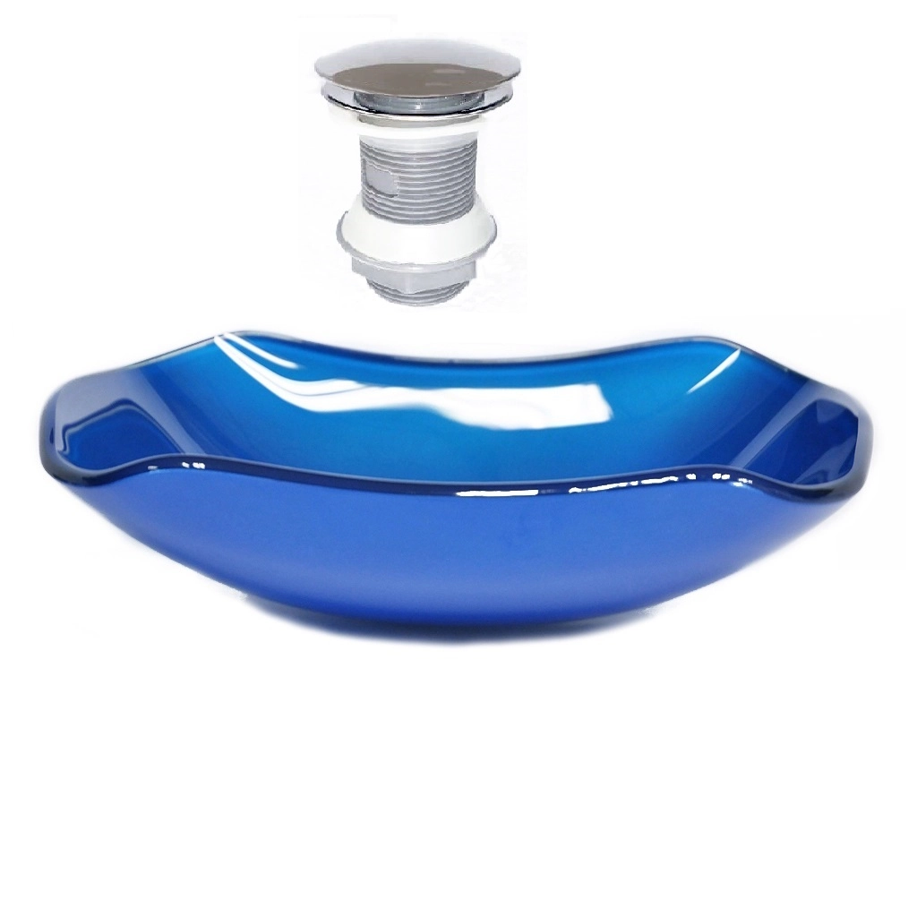 Cuba De Vidro Abaulada 45cm Azul Escuro + Valvula Click