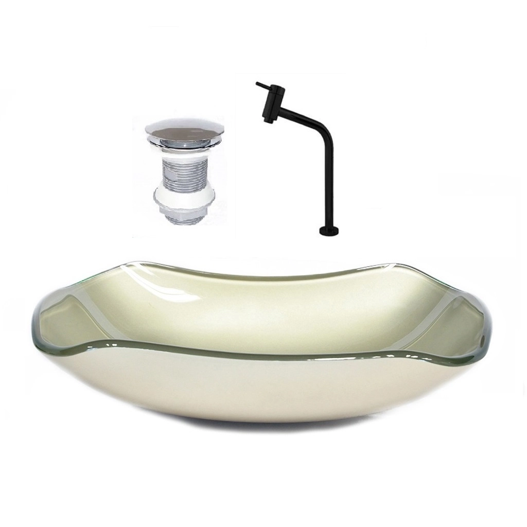 Cuba De Vidro Abaulada 45cm Champanhe + Valvula + Torneira Preta