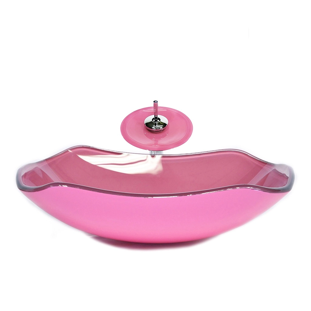 Cuba De Vidro Abaulada 45cm Rosa + Valvula + Torneira Cascata