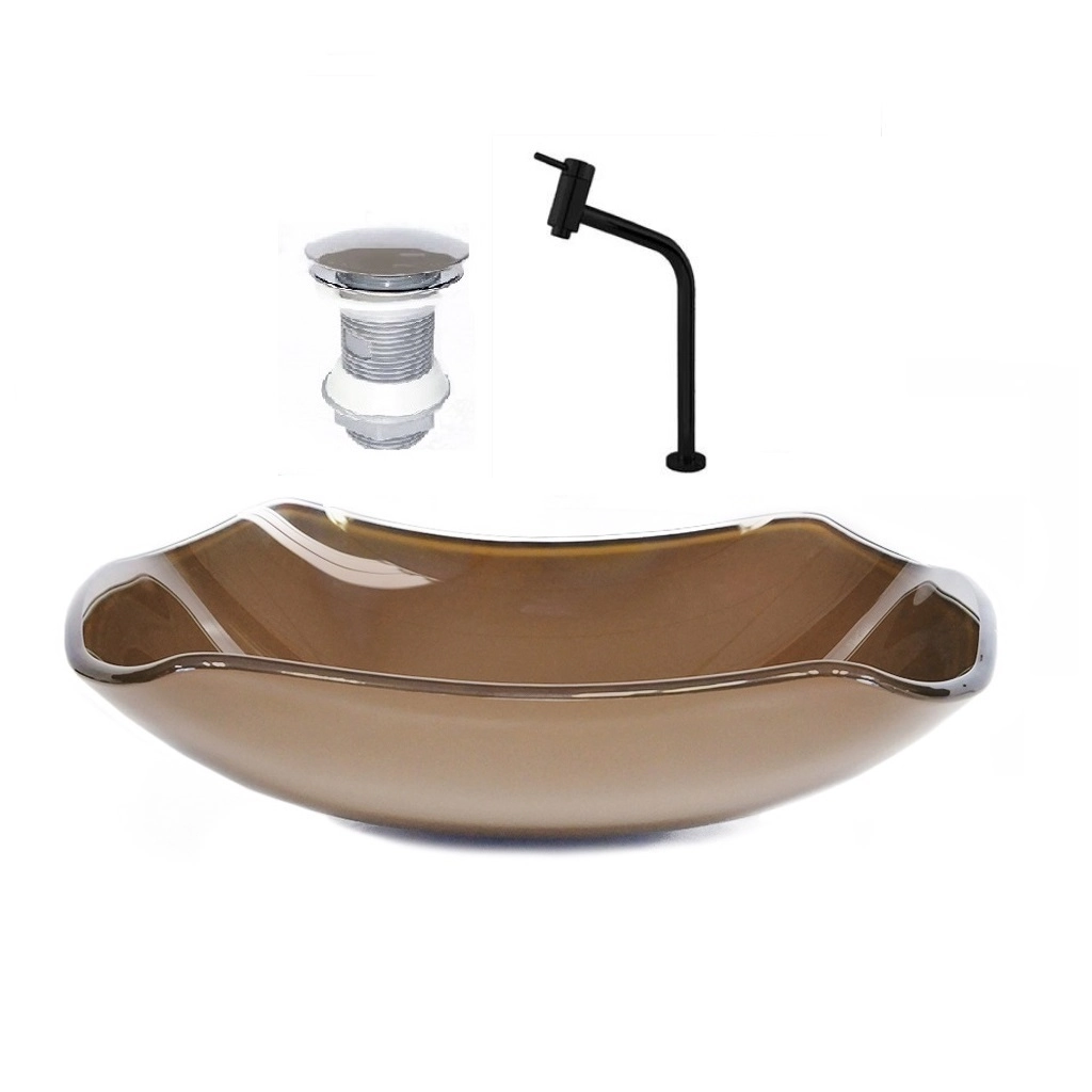Cuba De Vidro Abaulada 45cm Marrom + Valvula + Torneira Preta
