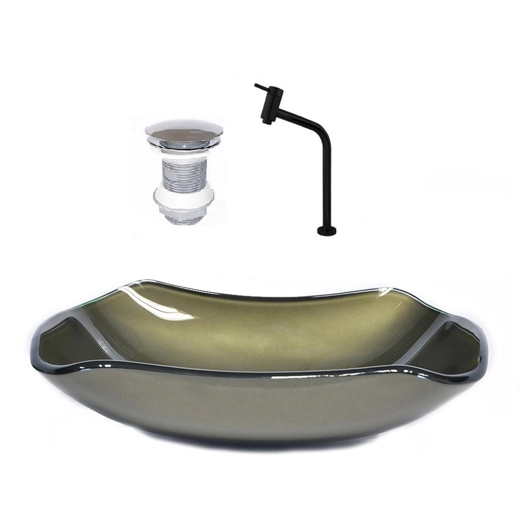 Cuba De Vidro Abaulada 45cm Ouro Envelhecido + Valvula + Torneira Preta