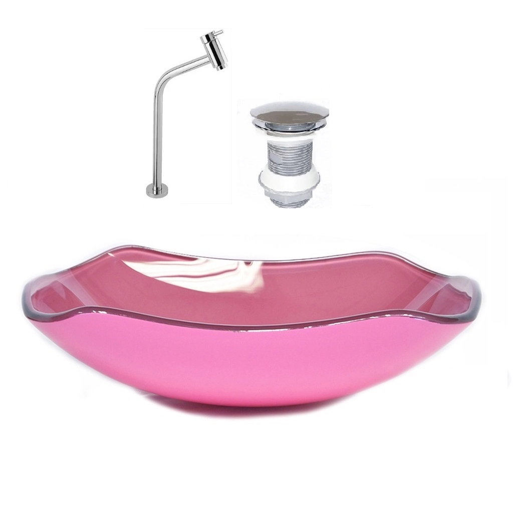 Cuba De Vidro Abaulada 45cm Rosa + Valvula + Torneira
