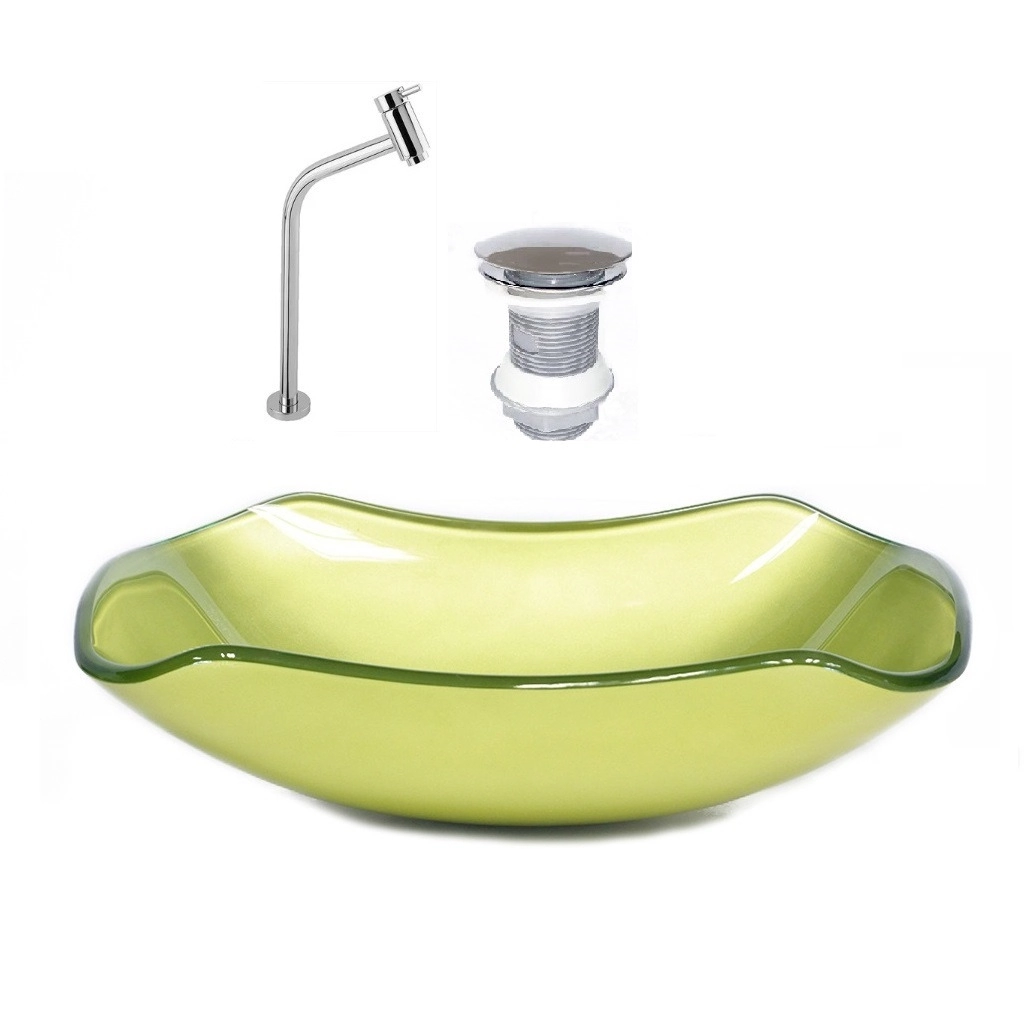 Cuba De Vidro Abaulada 45cm Verde Oliva + Valvula + Torneira