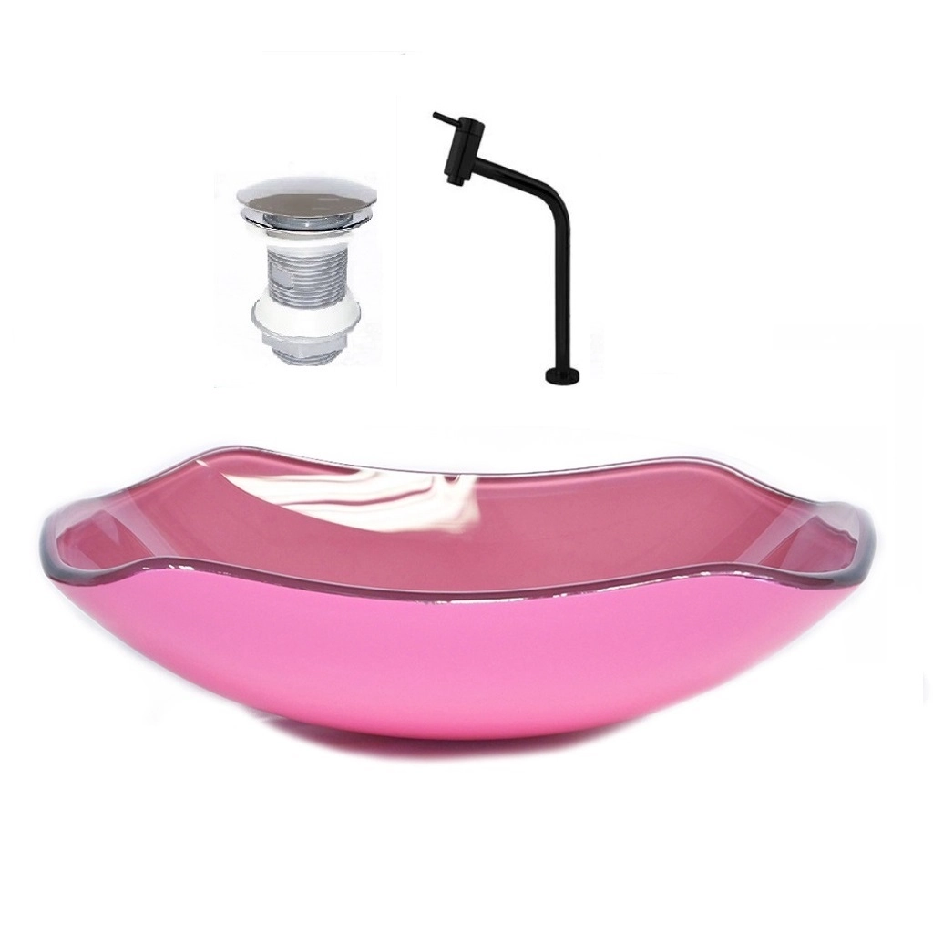 Cuba De Vidro Abaulada 45cm Rosa + Valvula + Torneira Preta