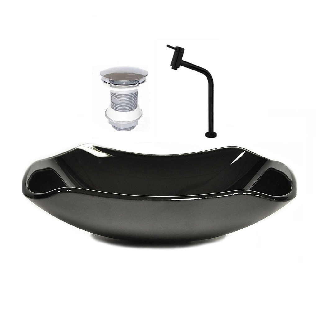 Cuba De Vidro Abaulada 45cm Preto + Valvula + Torneira Preta