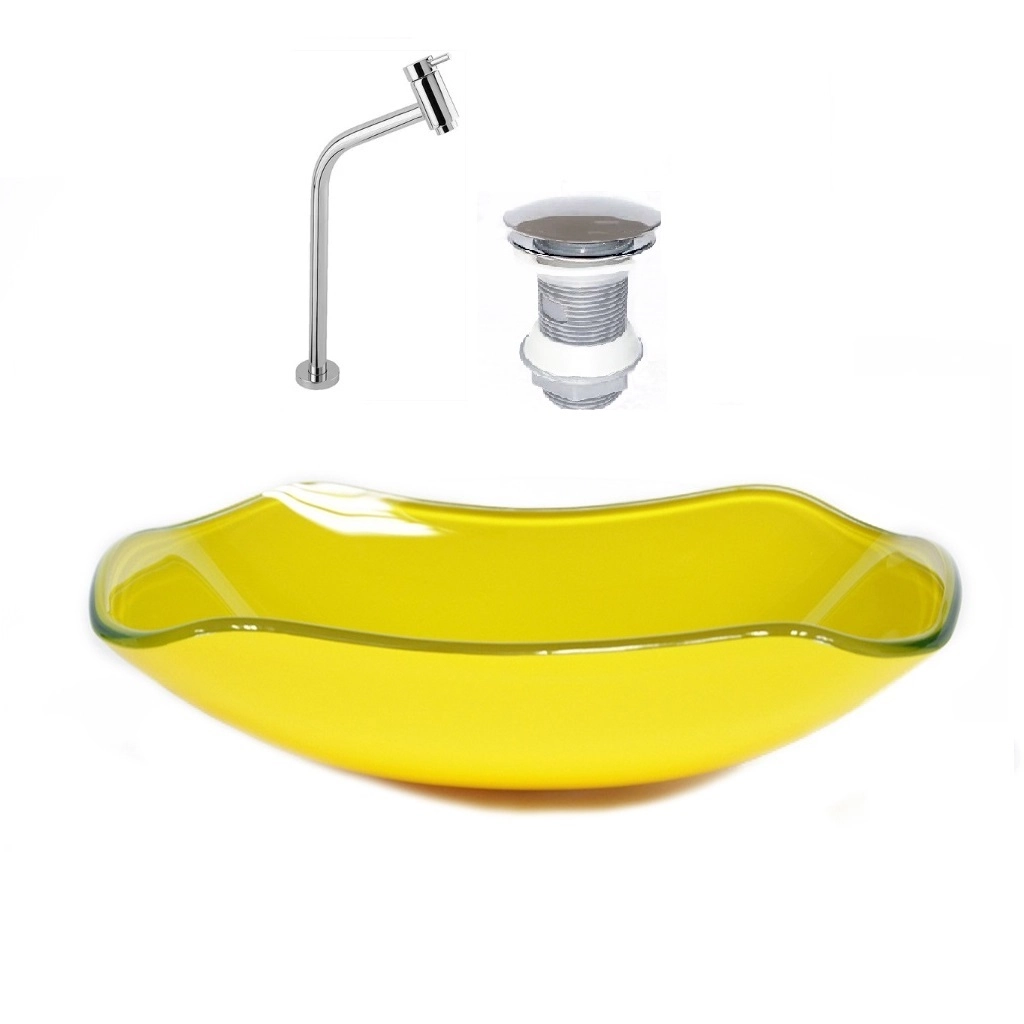 Cuba De Vidro Abaulada 45cm Amarelo + Valvula + Torneira