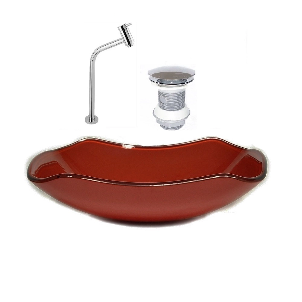 Cuba De Vidro Abaulada 45cm Vermelho Cereja + Valvula + Torneira