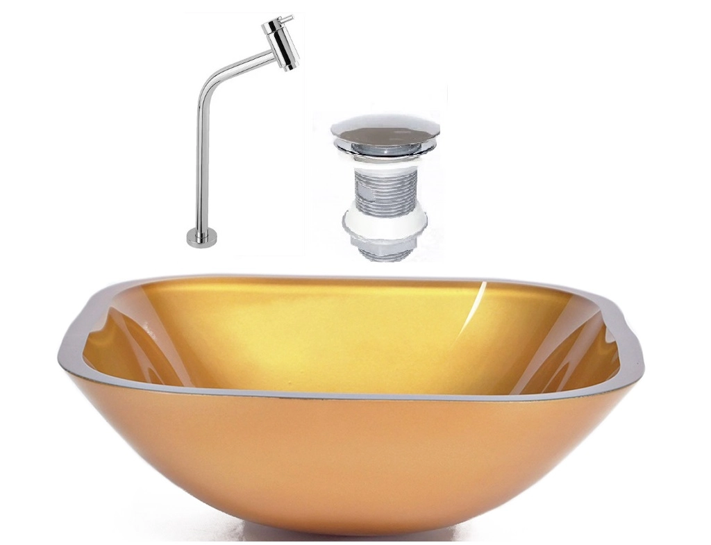 Cuba De Vidro Quadrada 35cm Dourado Real + Valvula + Torneira Metal