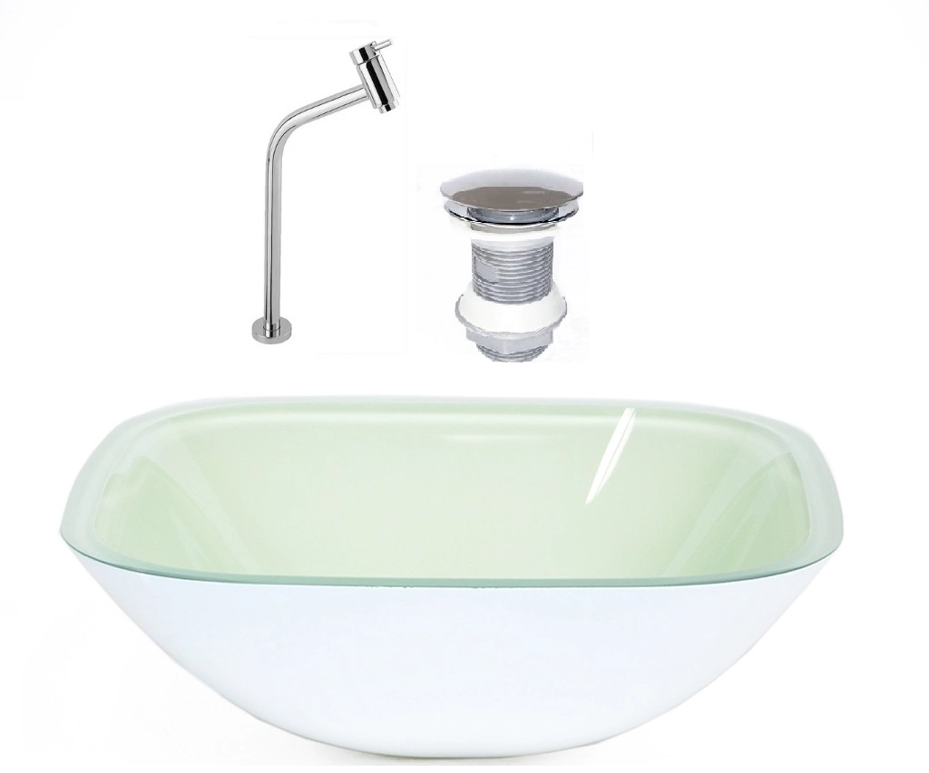 Cuba De Vidro Quadrada 35cm Branco + Valvula + Torneira Metal