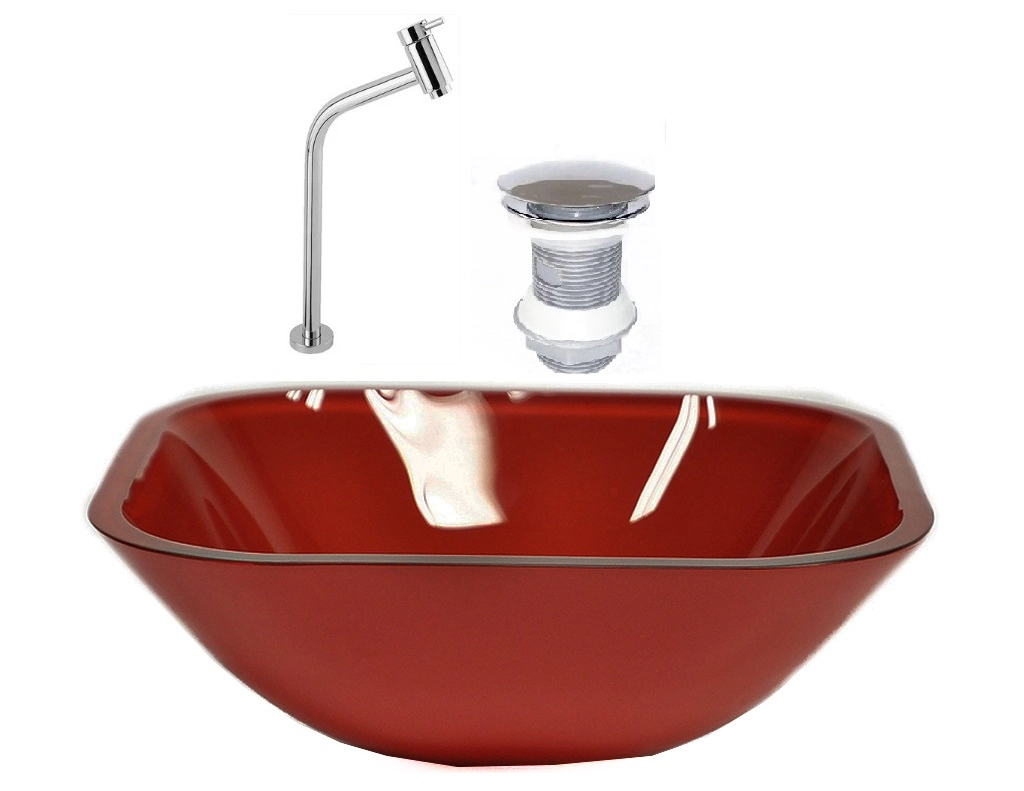 Cuba De Vidro Quadrada 35cm Vermelho Cereja + Valvula + Torneira Metal