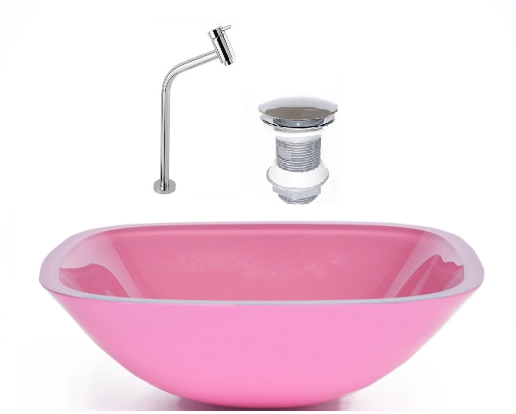 Cuba De Vidro Quadrada 35cm Rosa + Valvula + Torneira Metal