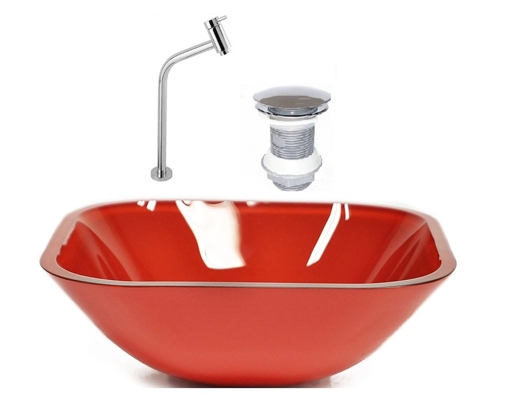 Cuba De Vidro Quadrada 35cm Vermelho Ferrari + Valvula + Torneira Metal