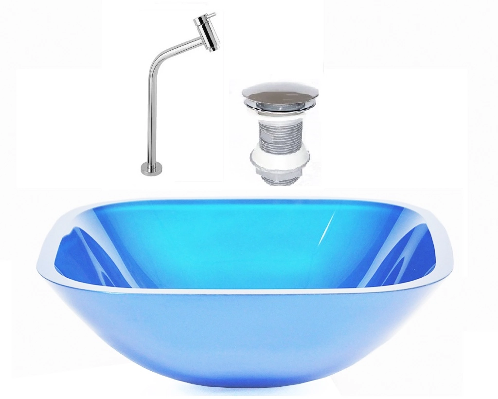 Cuba De Vidro Quadrada 35cm Azul + Valvula + Torneira Metal