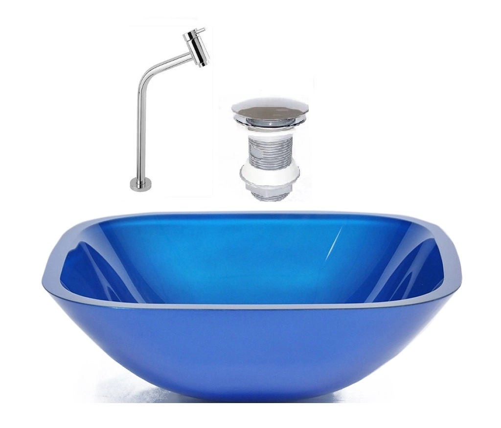 Cuba De Vidro Quadrada 35cm Azul Escuro + Valvula + Torneira Metal