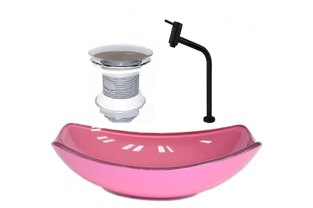 Cuba De Vidro Oval Chanfrada 46cm Rosa + Valvula + Torneira Metal Preta