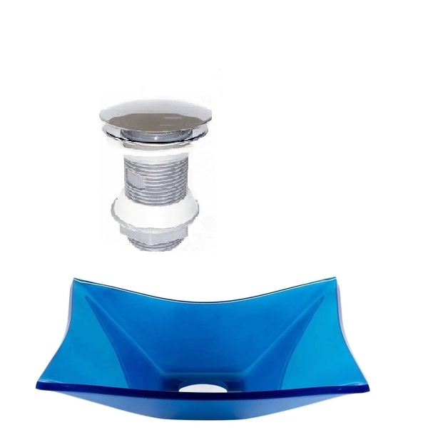 Cuba De Vidro Retangular 39cm Azul Escuro + Valvula Click