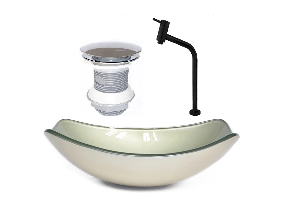 Cuba De Vidro Oval Chanfrada 46cm Champanhe + Valvula + Torneira Metal Preta